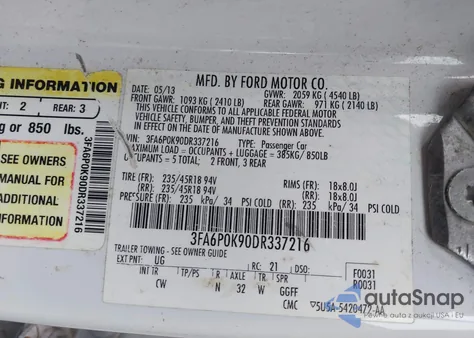 2013 Ford Fusion Titanium z USA, uszkodzony, nr VIN 3FA6P0K90DR337216